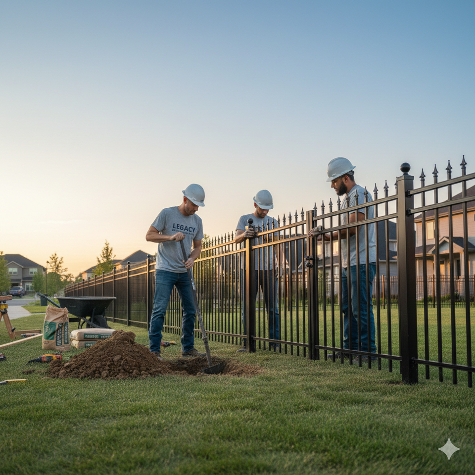 Three Legacy Fence installers in hard hats setting black metal panels during sunset in a residential yard