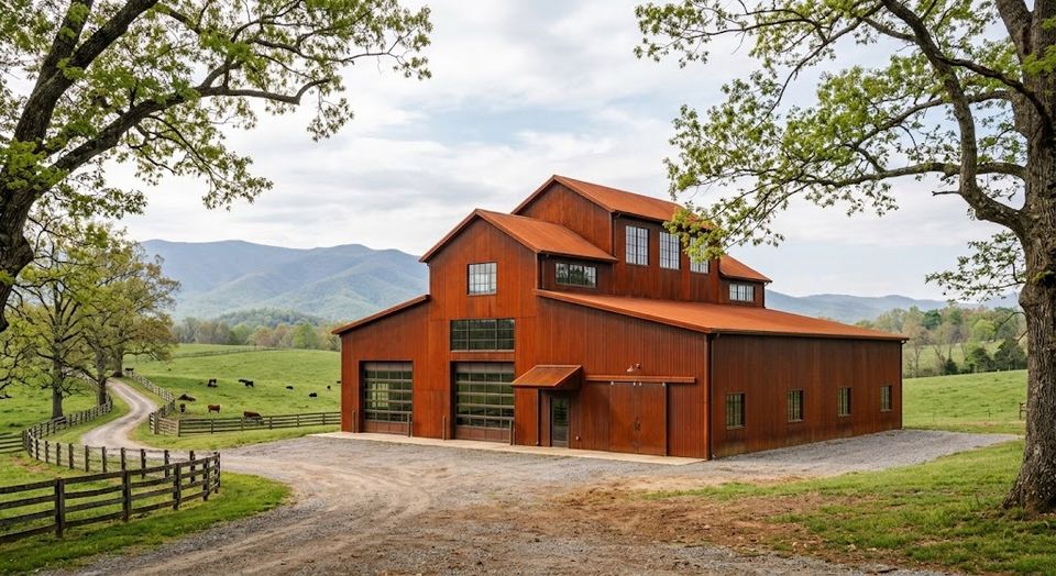Large rust colored steel barn with two bay doors and mountain views in East Tennessee