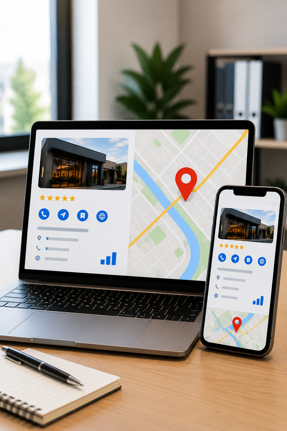 Laptop and mobile phone displaying a Google and Bing business profile setup interface for helping businesses improve online visibility and local search presence