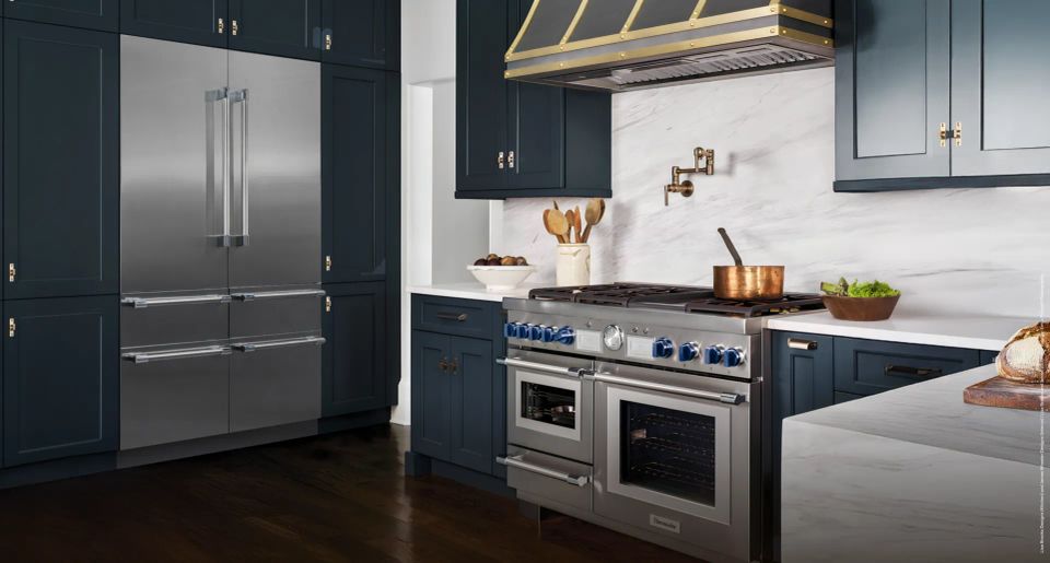 27742217 thermador luxury high end kitchen appliances bottom freezer refrigeration 48 inch range dark navy blue kitchen 