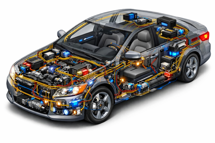 Modern vehicle electrical system cutaway showing wiring and components for diagnostics in Missouri City, TX