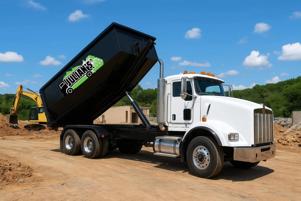 Julian’s Trucking & Trash Removal Truck Hauling a dumpster bin