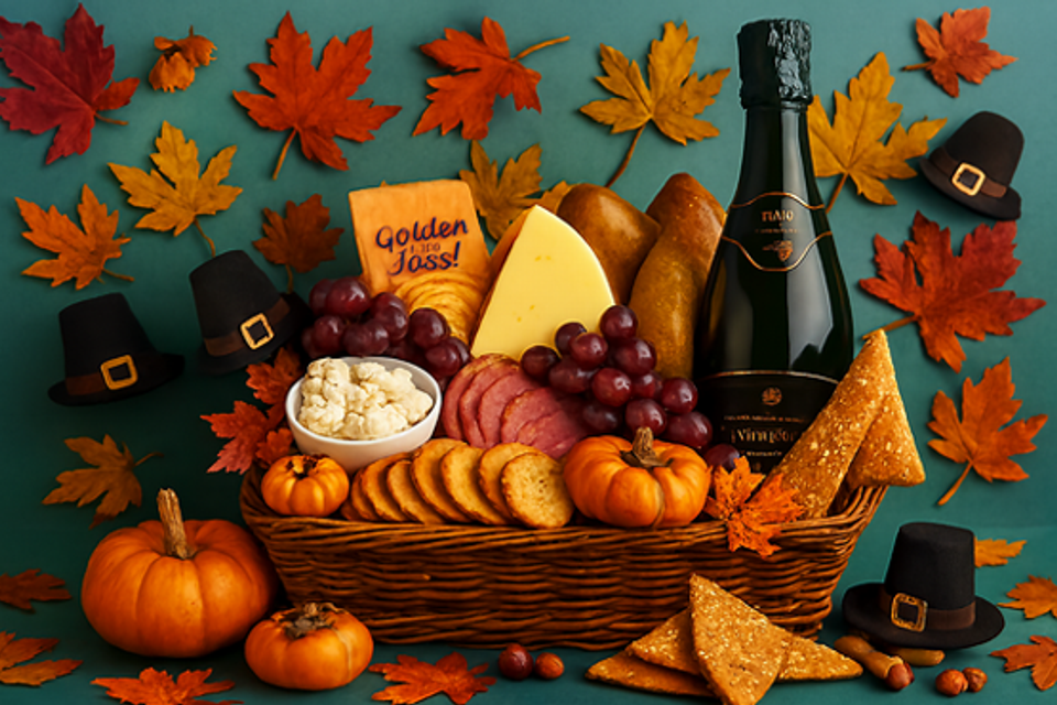 Thanksgiving gift basket set against a teal background, filled with champagne, cheese, salami, crackers, grapes, mozzarella balls, mini pumpkins, persimmon, sesame crisps, and decorated with fall leaves and small pilgrim hats. Thanksgiving