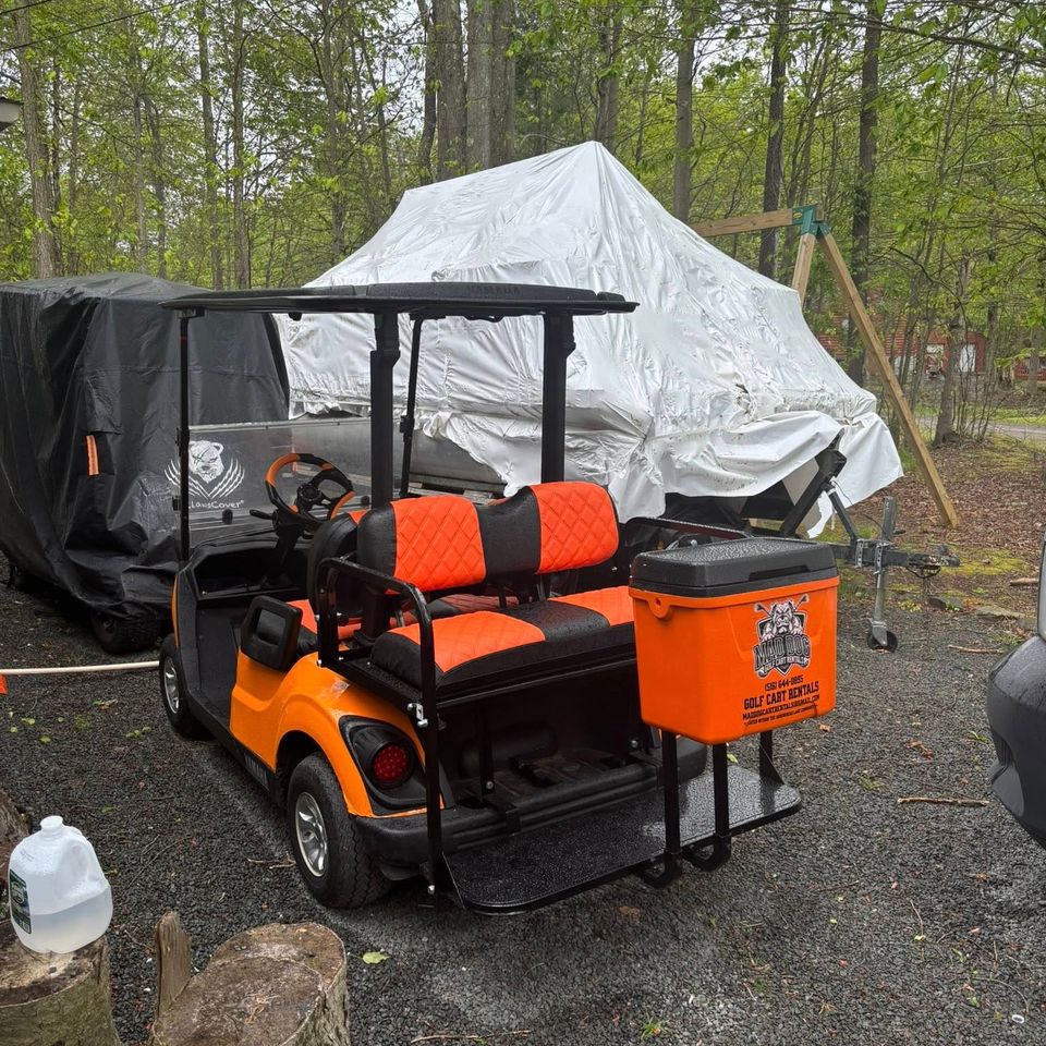 Back view of an orange golf cart rental from Mad Dog Golf Cart Rentals around Arrowhead Lake PA