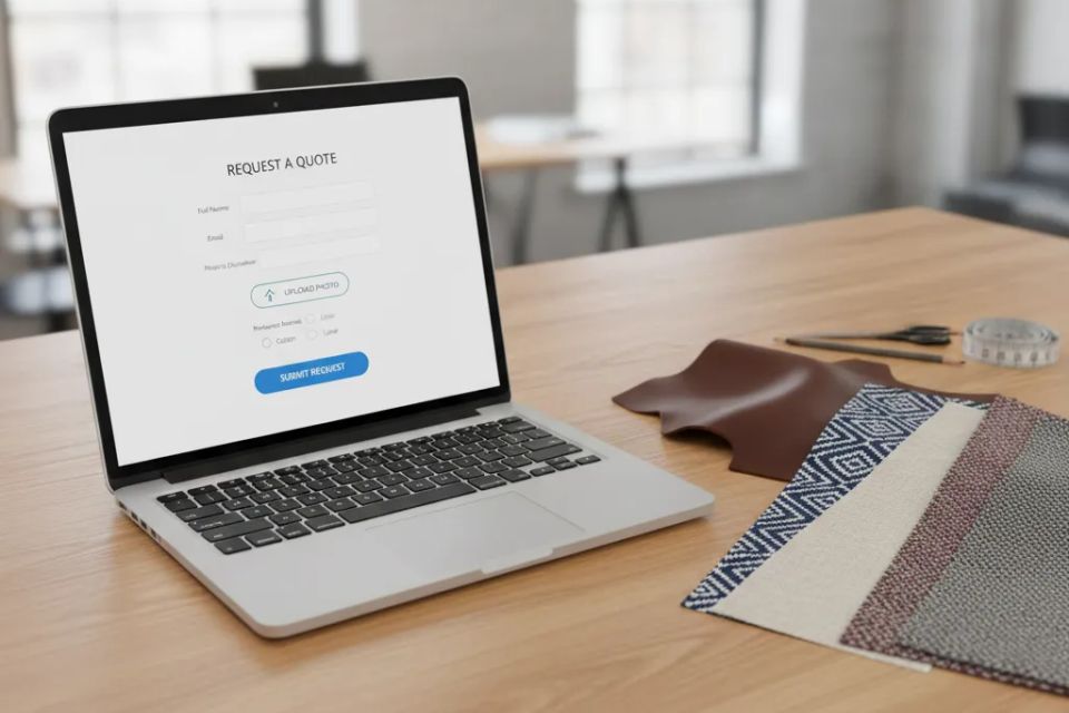 Laptop displaying a custom upholstery website quote form with photo upload feature, sitting next to fabric samples and design tools.