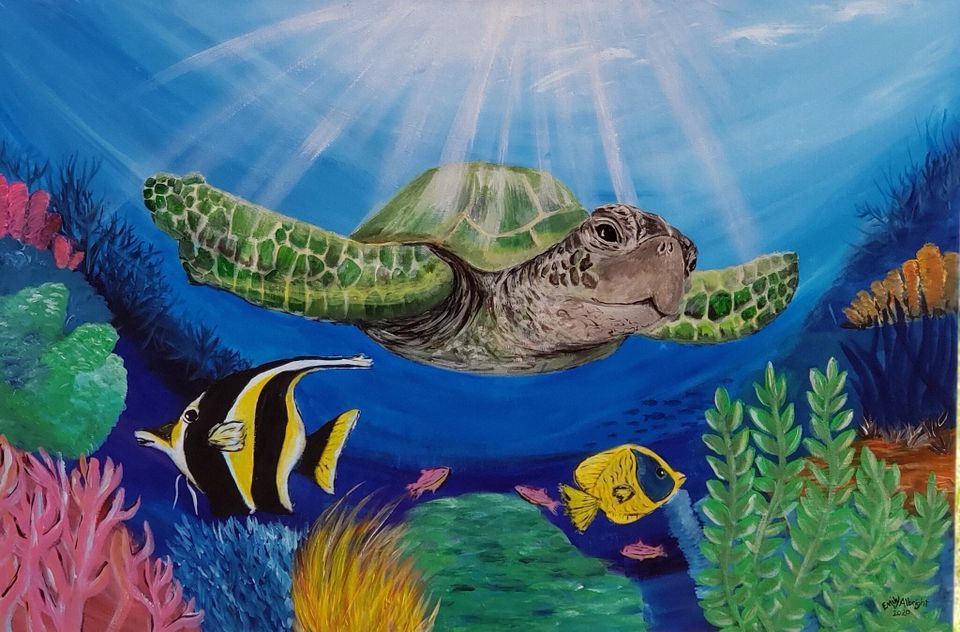 Honu World sea turtle painting by artist Emily Albright 