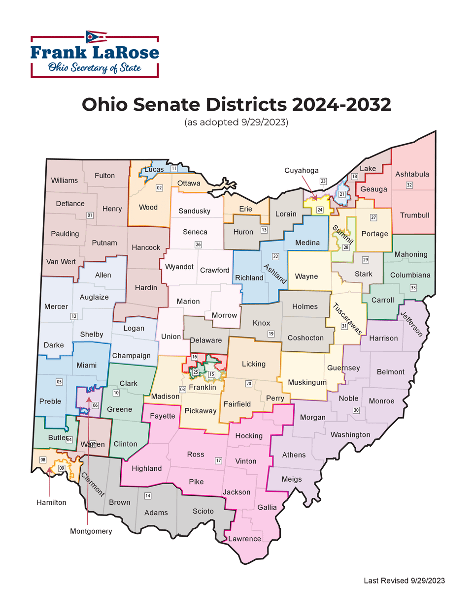 Map of Ohio showing the Senate districts for 2024–2032.