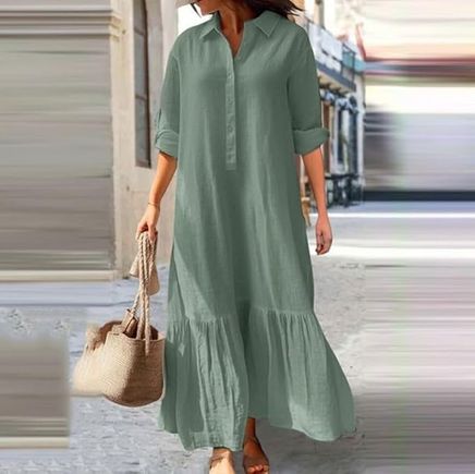 Women's cotton linen maxi dress casual button down shirt dress loose tiered ruffle hem dresses 2