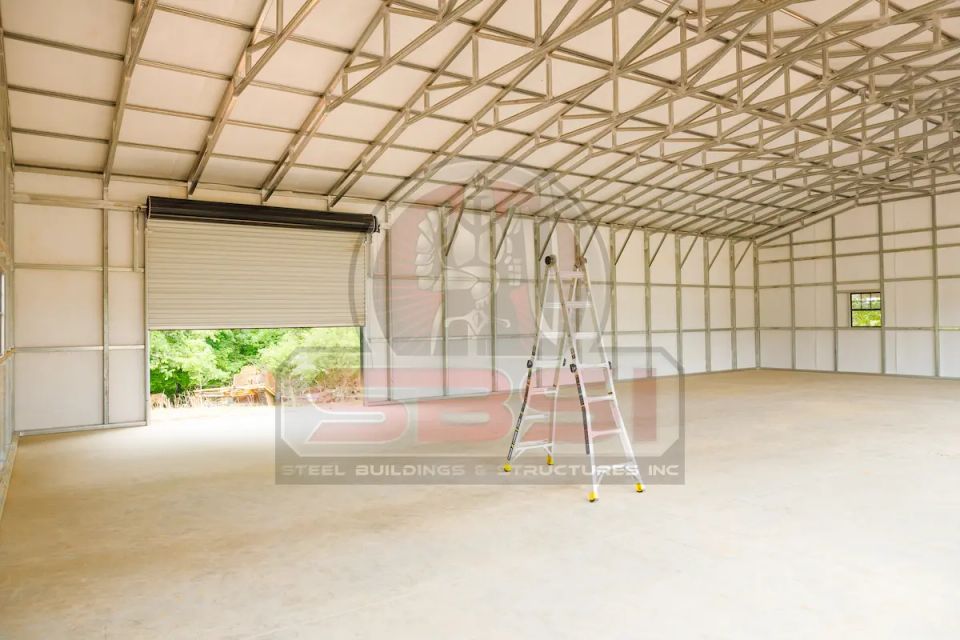 Wide open and empty steel building, with SBSI watermark representing steel building interiors in Alabama