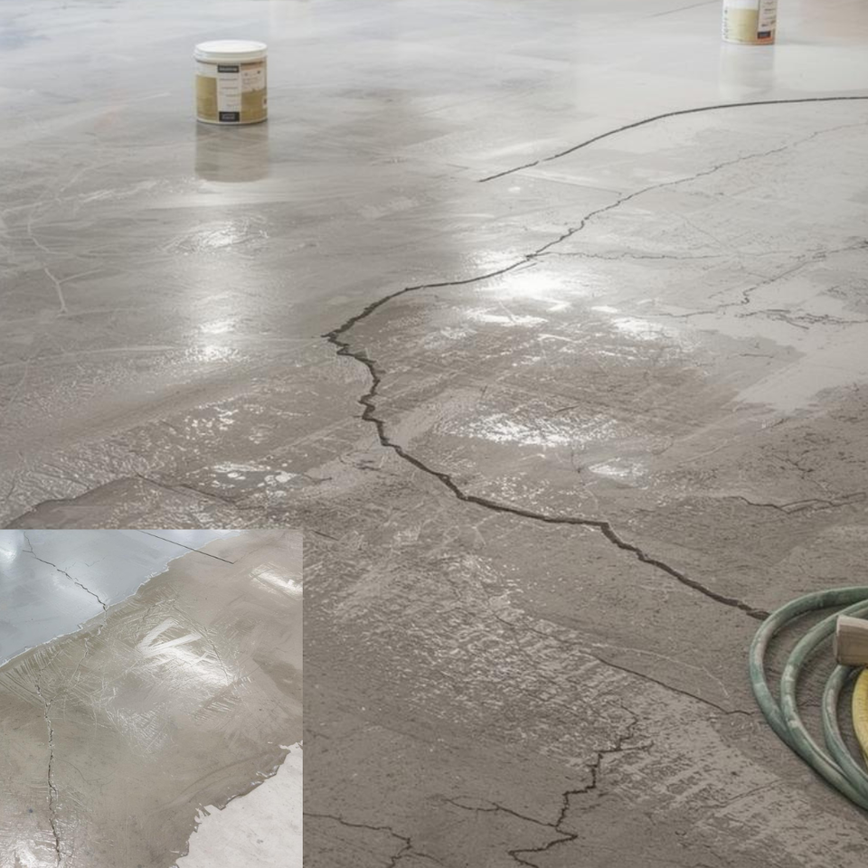 Concrete floor with repaired cracks and primed areas prepared for the next stage of finishing.