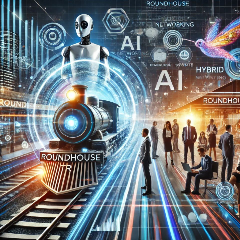 Dall·e 2025 03 17 16.48.55 a dynamic and modern business scene representing growth and innovation. a futuristic train labeled 'roundhouse tr' is prominently moving forward on sl