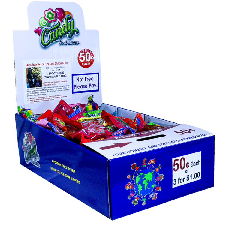 On display, fits nicely on the countertop. Filled with candy. Easy to operate side gig vending route.