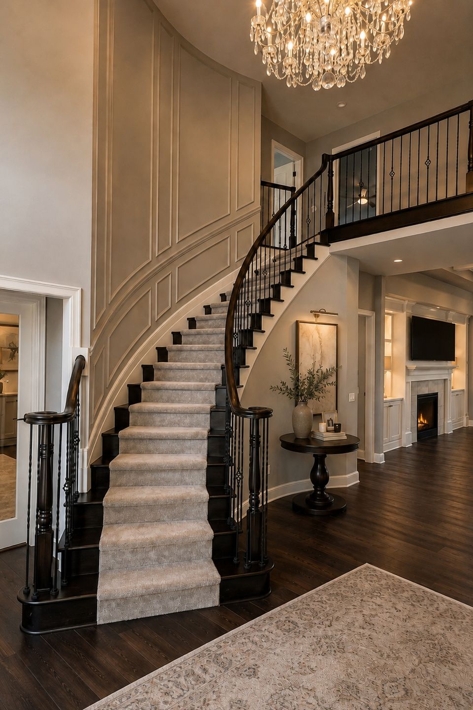 Custom home foyer with curved staircase and detailed millwork in Hudson, Ohio