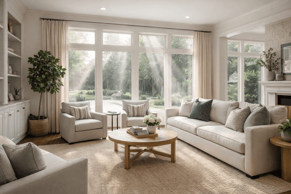 Living room with professionally installed residential window tint allowing natural light while reducing glare in Sugar Land, TX.