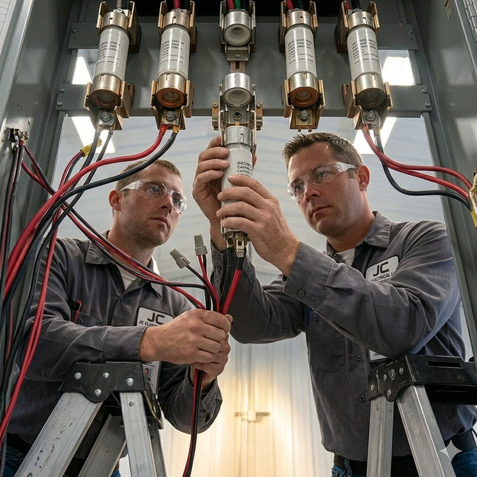 Two licensed electricians from JC Electrical LLC carefully replace a large cartridge fuse in a complex industrial panel.