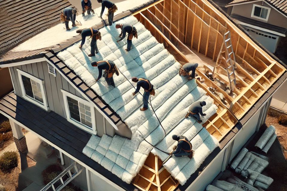 Dall·e 2024 10 06 20.28.31   a detailed image of workers installing winter insulation on a roof of a suburban home in santa maria  california. the image shows the installation pro
