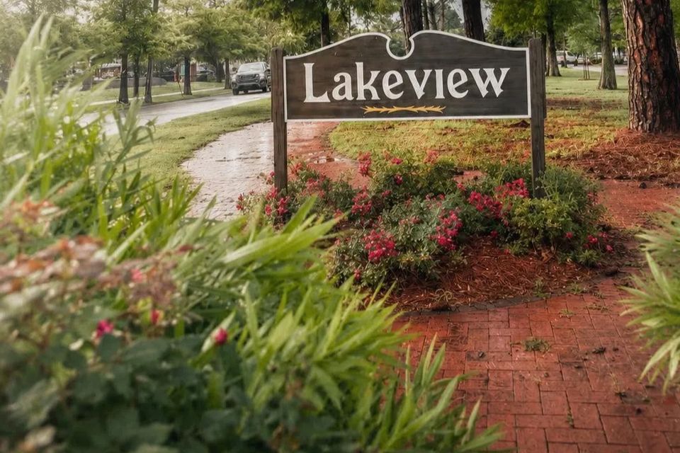 Lakeview sign near a walking path