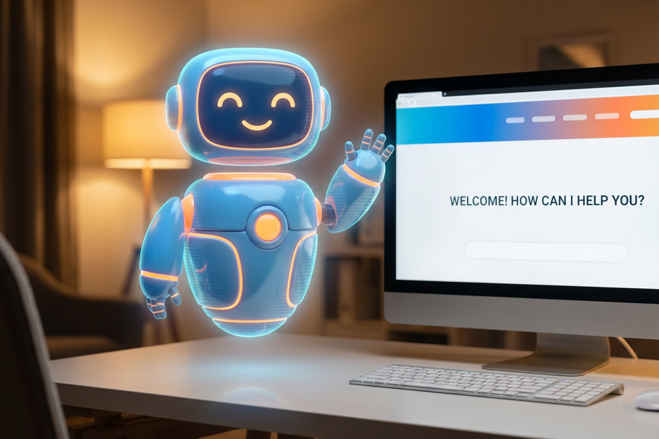 Firefly gemini flash make an image of a friendly ai assistant for my website. make sure that blue and oran 455937