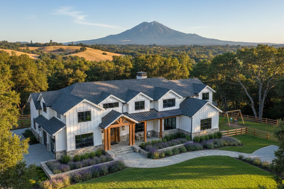 Custom home in Lamorinda CA featuring Reward Hardwood and designer carpet installation by Concord Carpet And Hardwood with views of the East Bay hills.