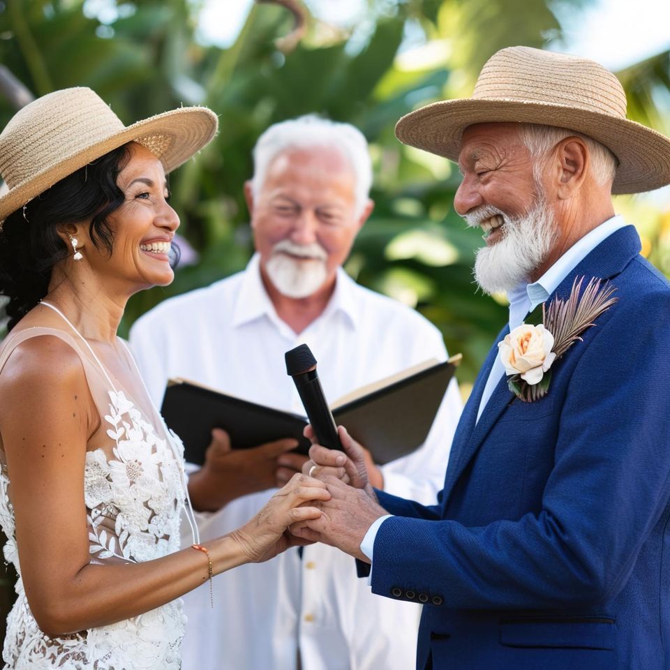 Older couple renewing wedding vows with officiant during ceremony