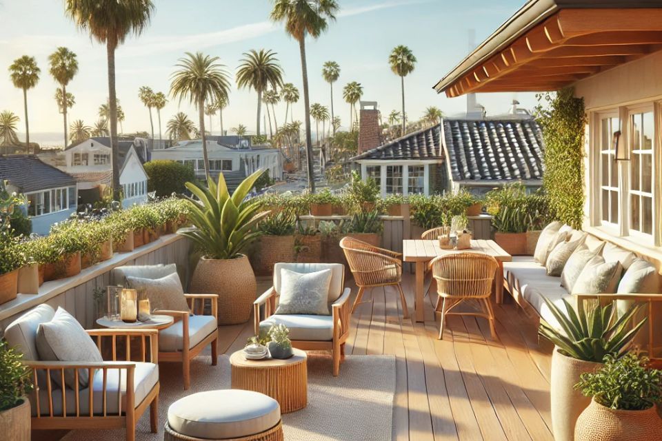Dall·e 2024 09 12 21.50.23   a southern california style roof deck with wooden flooring  featuring cozy outdoor seating  potted plants  and a dining area. the design is relaxed an