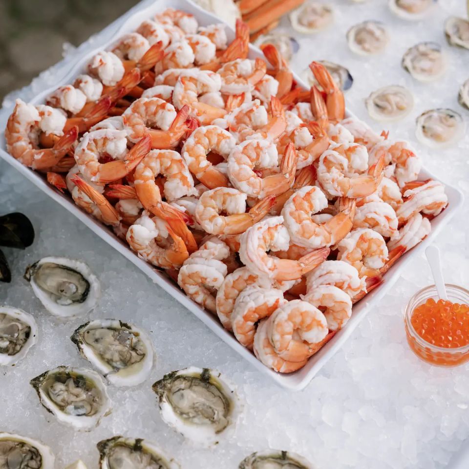 Shrimp, clams raw bar, catered by Shore2Shore Shucking of Long Island