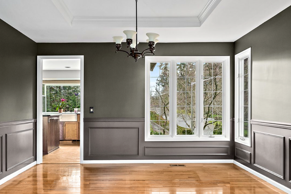 Gray dining room hardwood floor