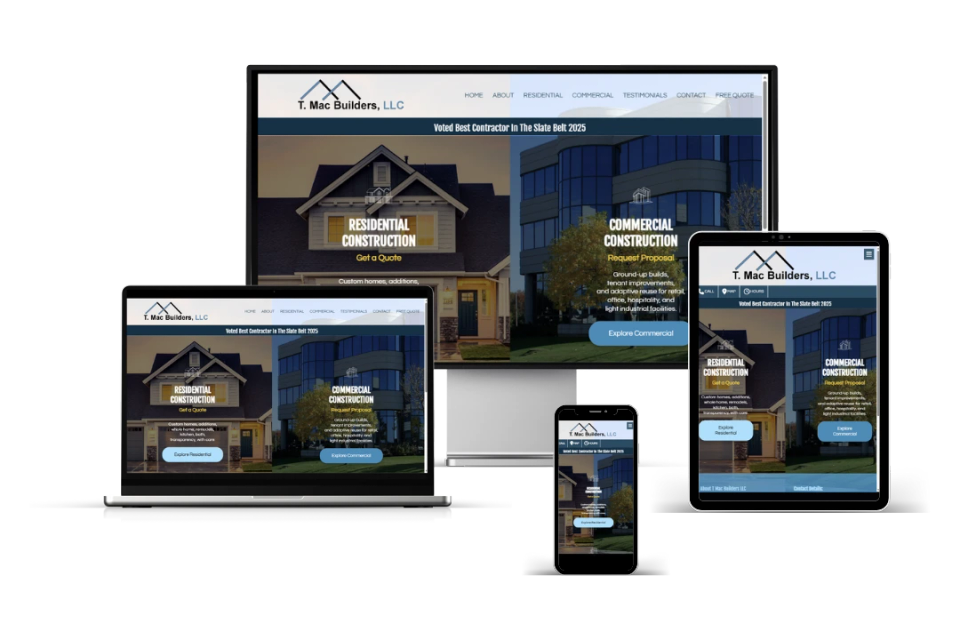 Professional construction company website design for T. Mac Builders featuring residential and commercial services