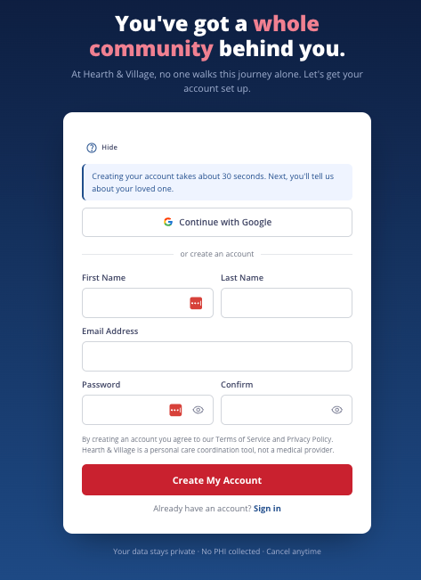 Hearth and Village sign up screen