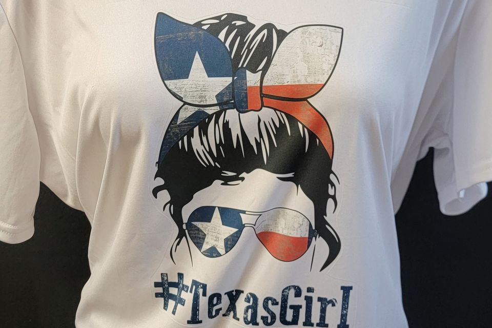 "DTF Direct-to-Film" example - TexasGirl design on white tee shirt