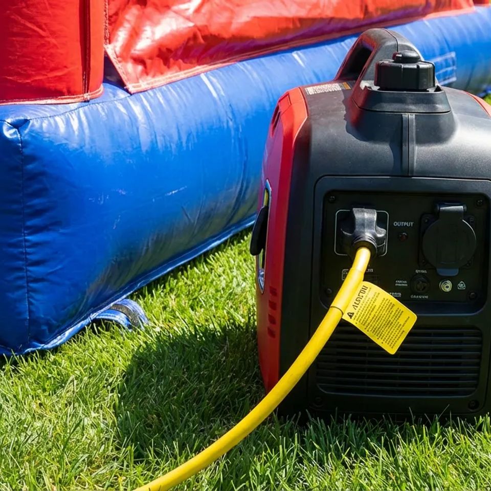 Reliable portable generator powering a commercial bounce house blower for a safe outdoor park party rental.