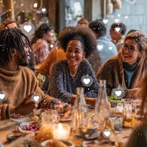 People at a restaurant with little heart bubbles around them 
