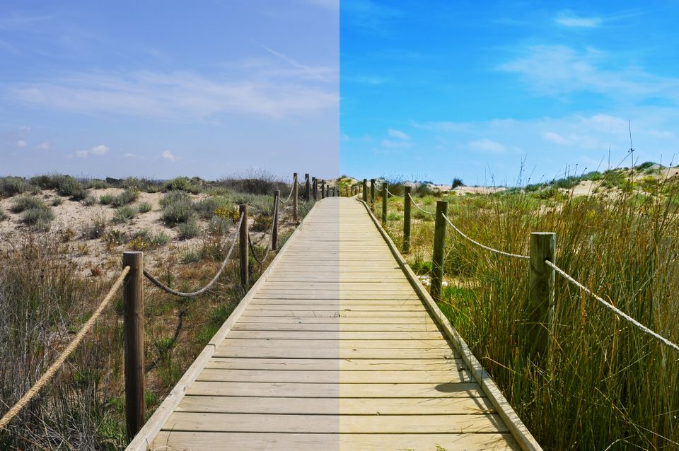 Photo of a bridge with different saturations of color to each side.