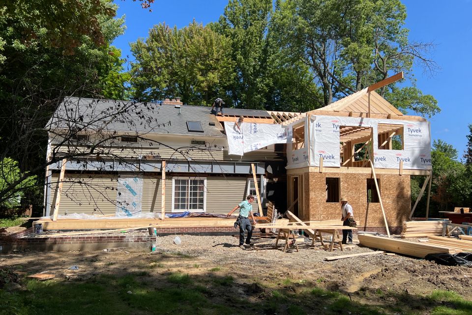 Expanded living space under construction during whole-home renovation in Chagrin Falls