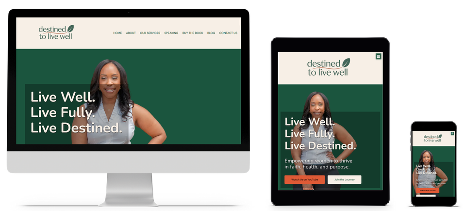 Destined to Live Well website in Clarksburg Maryland shown on desktop, tablet, and mobile screens promoting women’s faith, wellness, and empowerment.