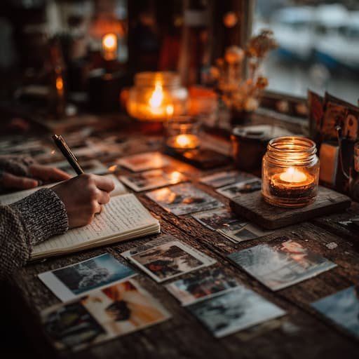 Cozy winter evening someone writing in their journal with candles around 
