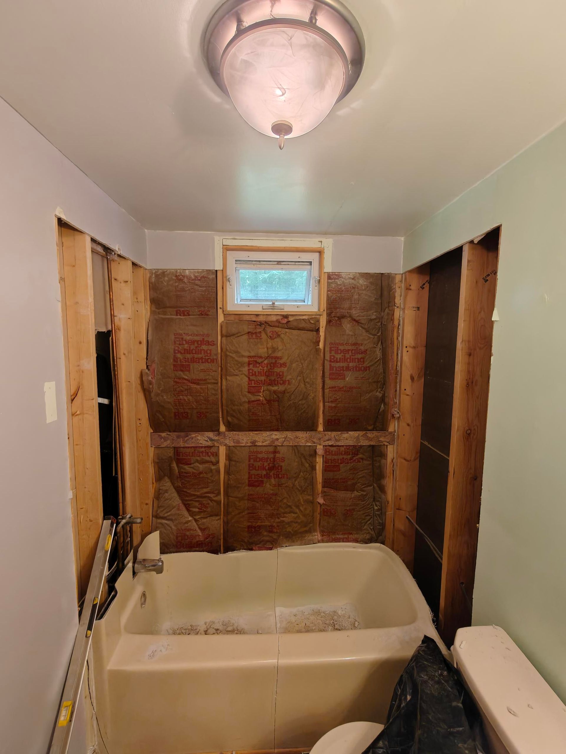 Old tub surround removed down to the studs and insulation