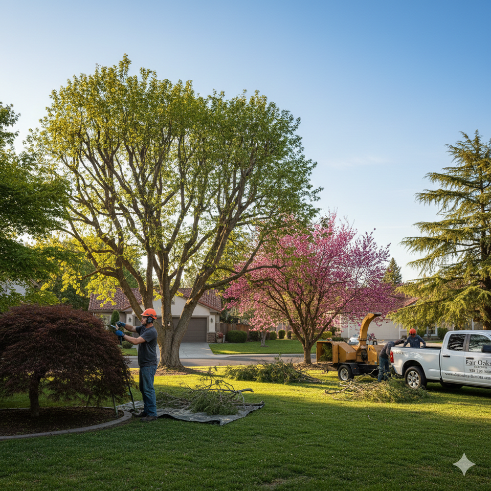 Landscaping team removing branches during flowering tree maintenance