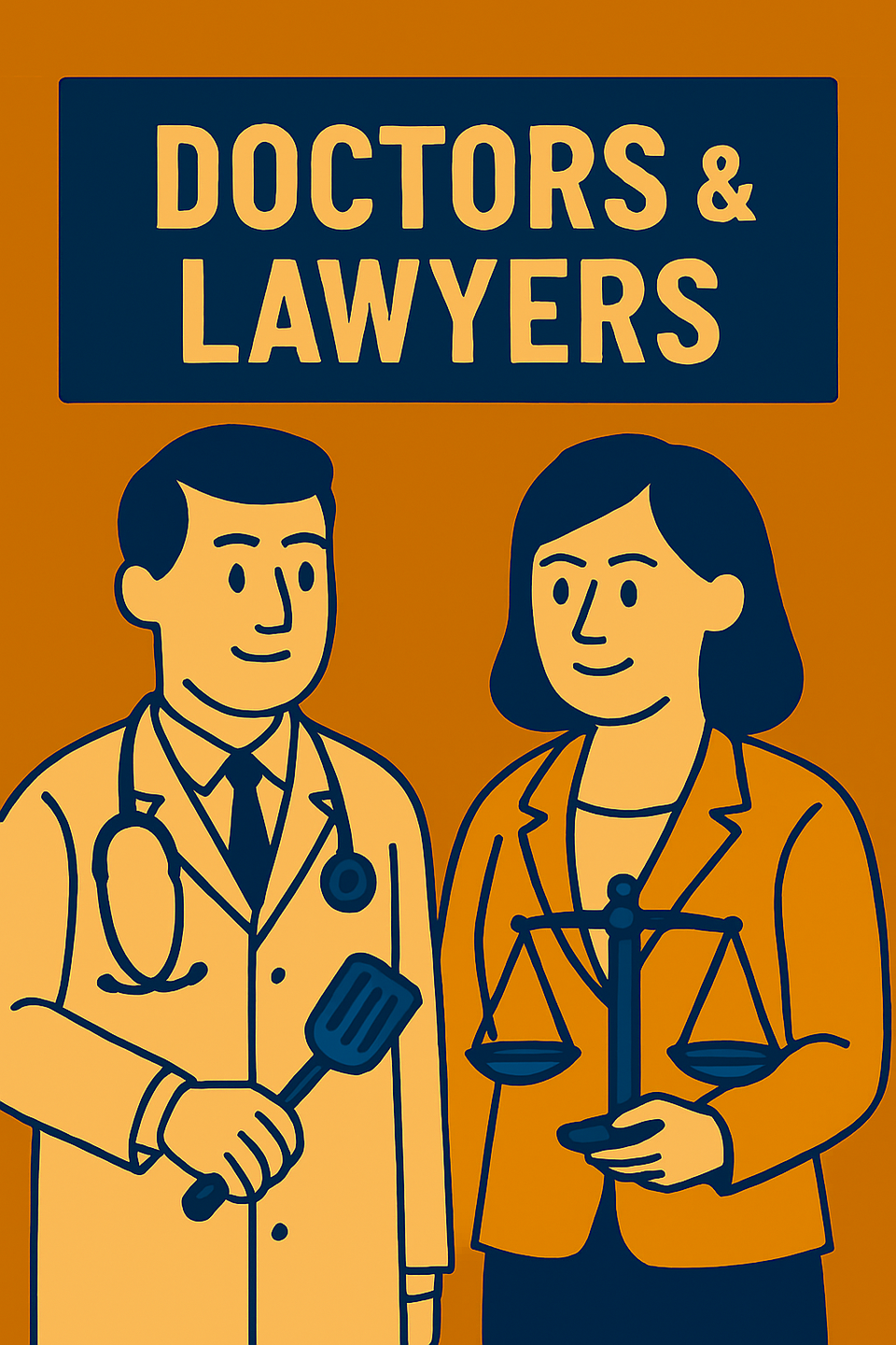 Doctor wearing a stethescope and lawyer with balanced scale with doctors lawyers in colors of blue orange