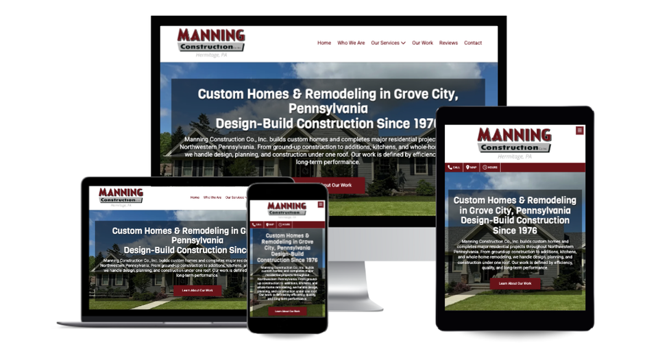 Construction company website showcasing custom homes, remodeling, and design-build services.