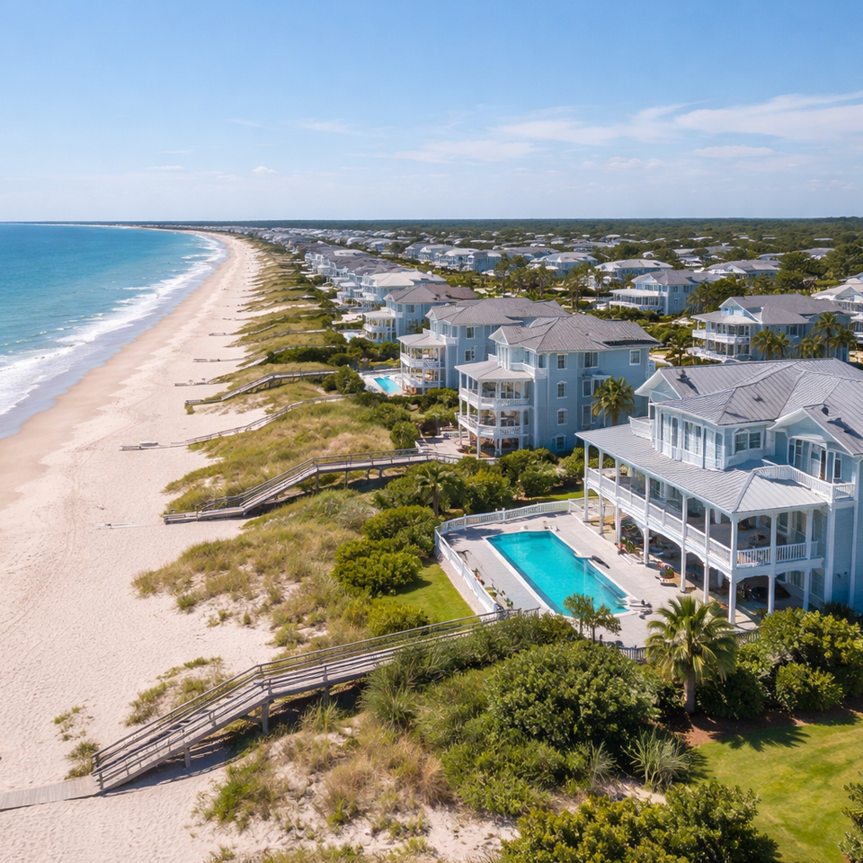 High-resolution aerial drone overview of a North Carolina coastal community featuring luxury beach homes with storm-resistant roofing and custom perimeters by Nova Roofing + Construction LLC.