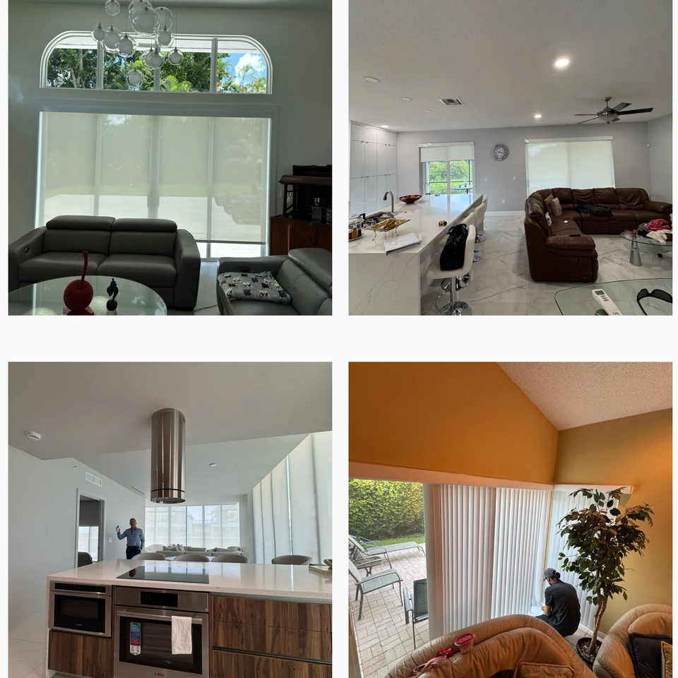 BJ&S Blinds installations showing roller shades in open living areas, vertical blinds on sliding doors, and sheer window treatments in modern kitchens