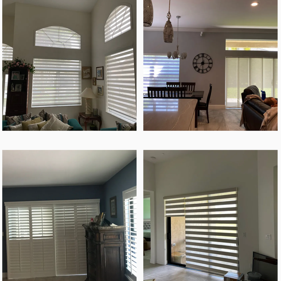 Zebra shades and plantation shutters installed in living rooms and dining areas by BJ&S Blinds, enhancing both style and functionality