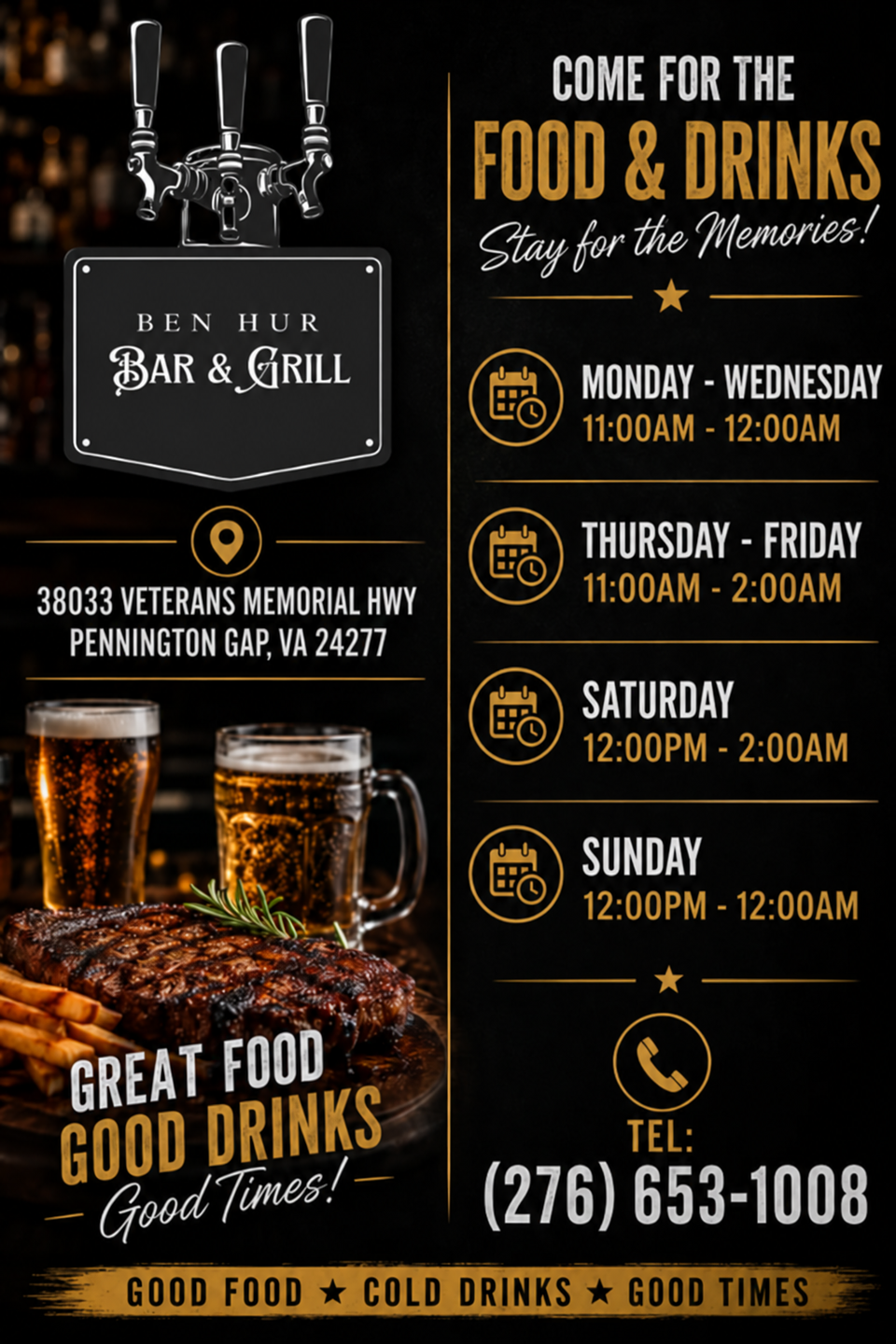 Ben hur bar & grill hours poster