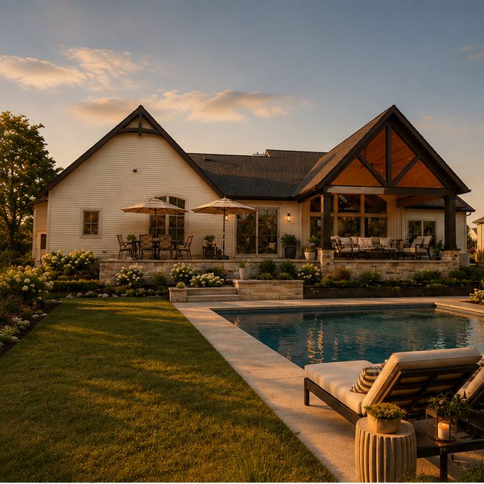 Custom Hudson, Ohio home with covered outdoor living area and swimming pool