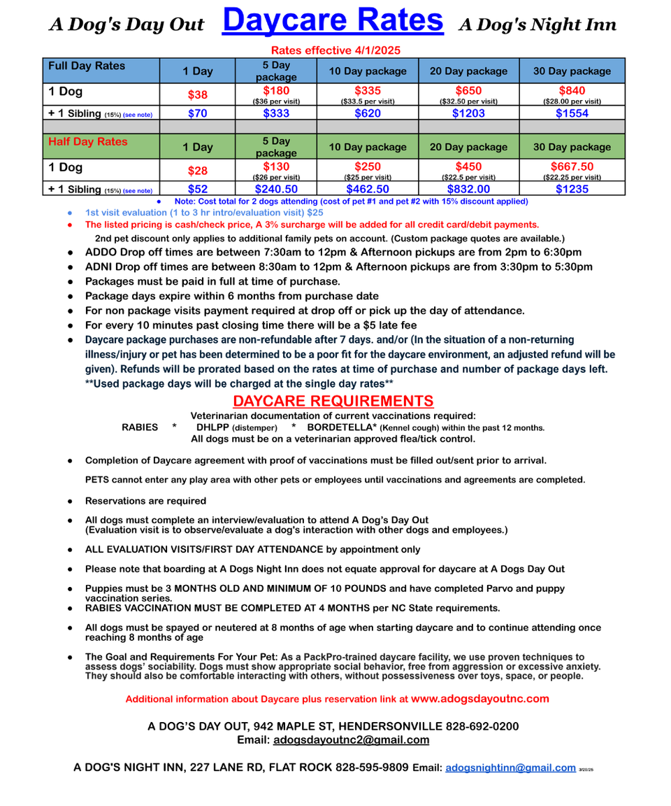 Daycare rates for web page