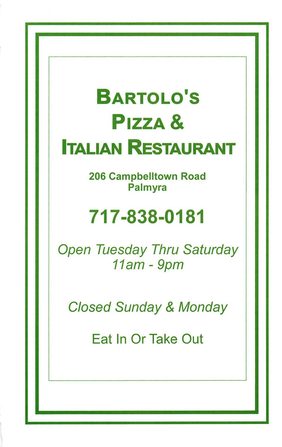 Bartolos Palmyra Menu