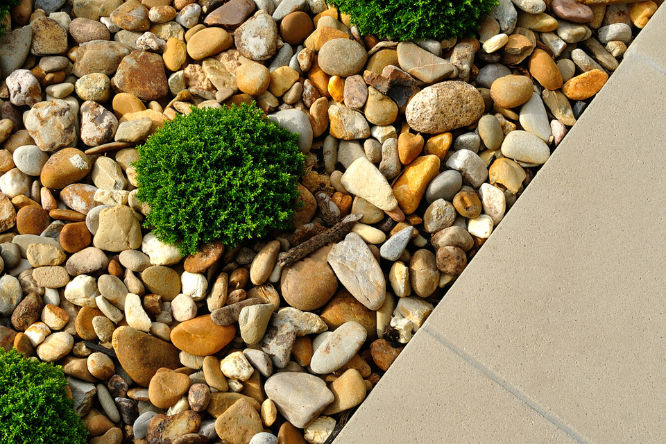 Decorative river rock landscape bed with neatly trimmed evergreen shrubs and concrete walkway installed by R.E.P. Companies.