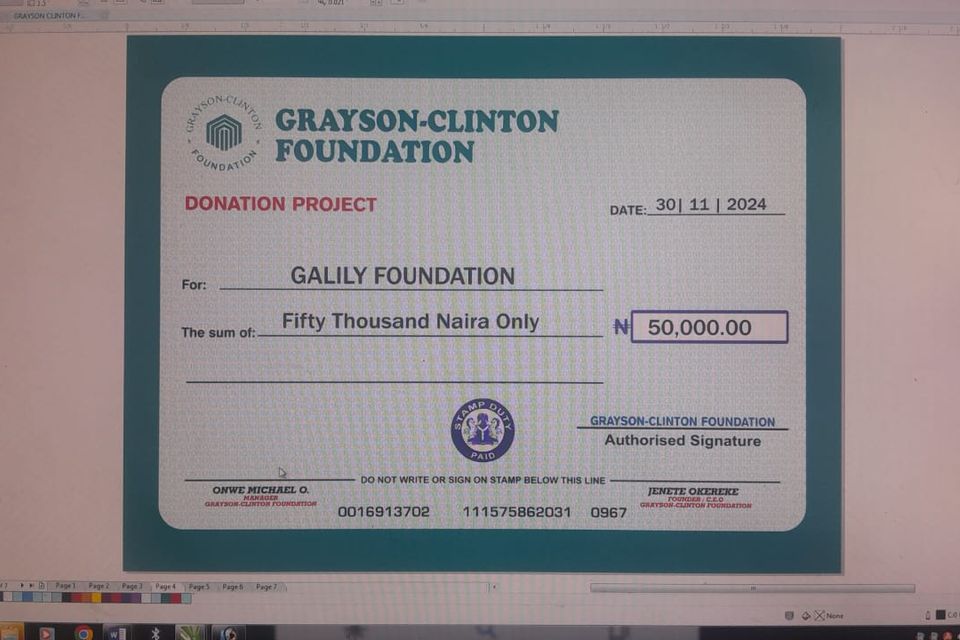 Donation cheque   galilee foundation