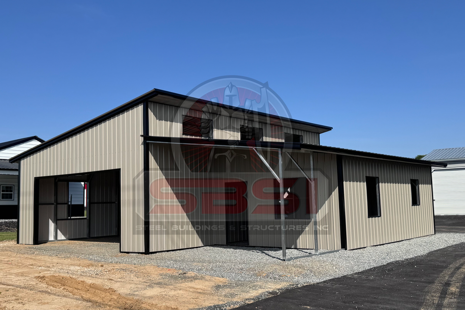 Tan and black steel commercial building with open bay and SBSI watermark representing commercial steel buildings in Alabama